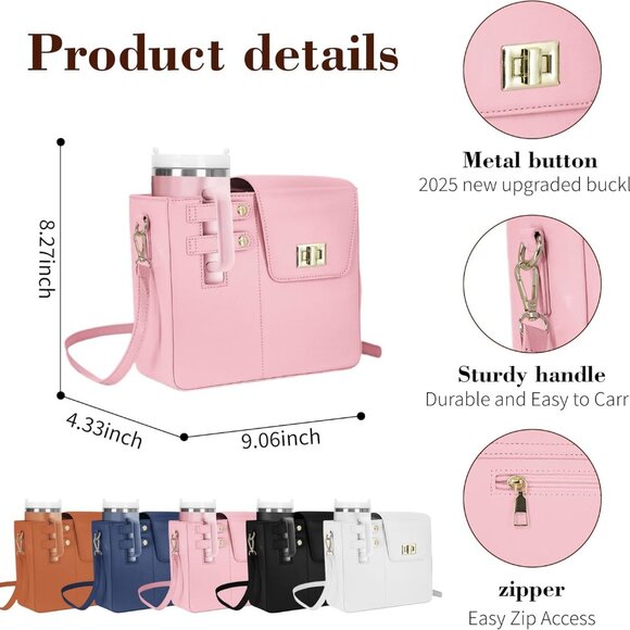 Waterproof Faux Leather Crossbody Bag with Cup Holder and Organizer - Picture 3 of 6